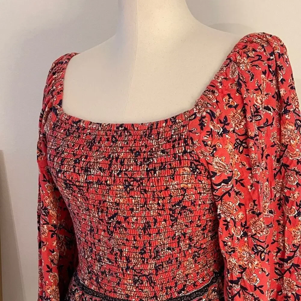 Angie Women’s Boho Floral Smocked Peasant Top Poet Blouse Flared Sleeve | Size M - Picture 4 of 7